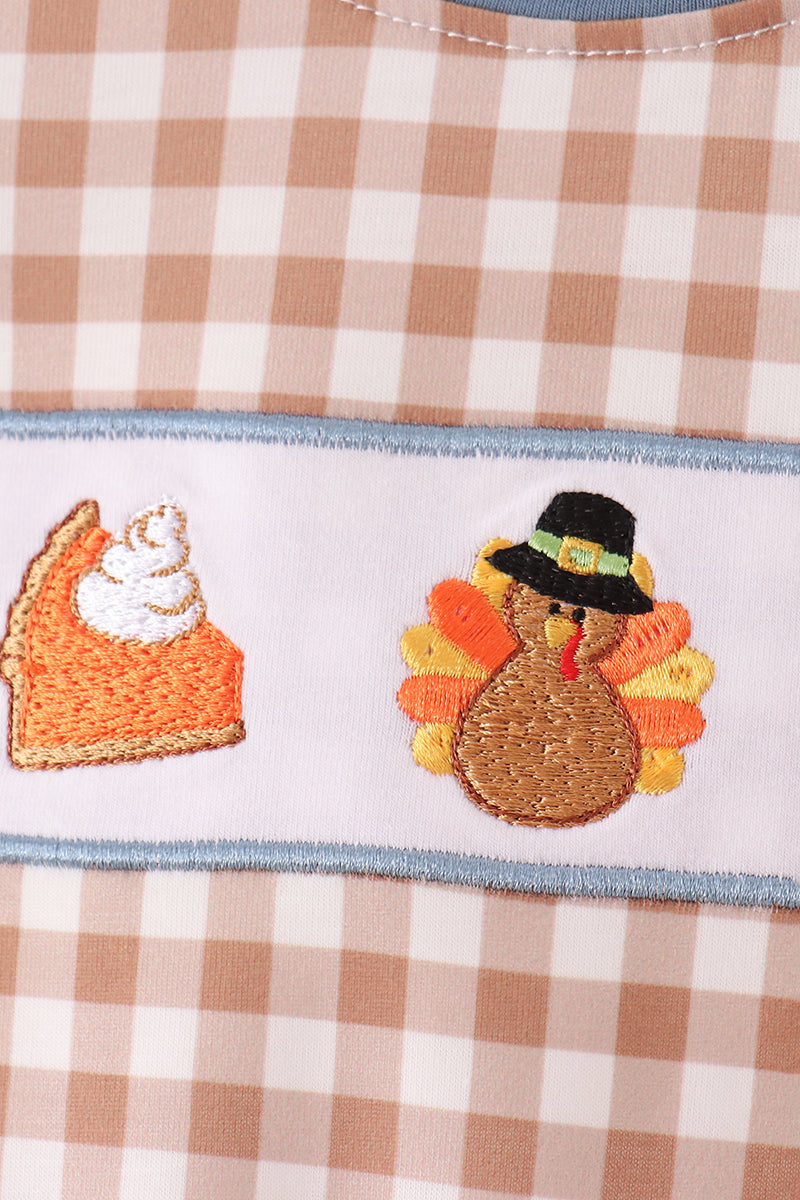 Turkey pumpkin embroidery gingham romper