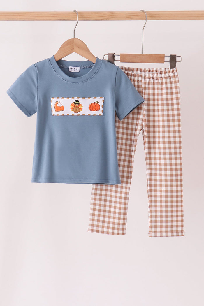 Turkey pumpkin embroidery gingham pants set