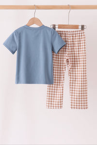 Turkey pumpkin embroidery gingham pants set
