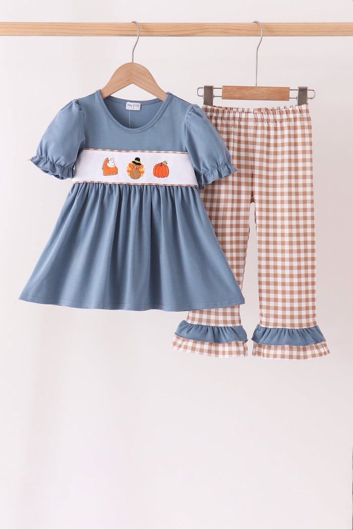 Turkey pumpkin embroidery gingham ruffle pants set
