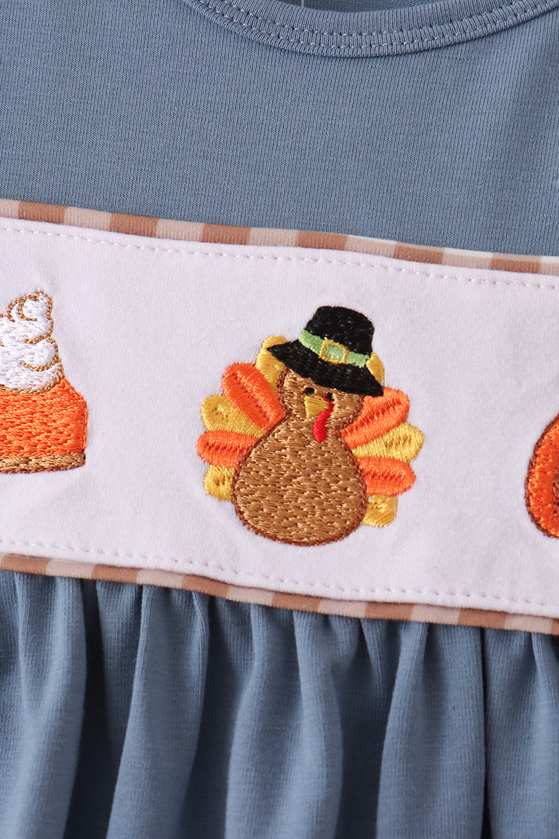 Turkey pumpkin embroidery gingham ruffle pants set
