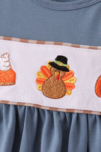 Turkey pumpkin embroidery gingham ruffle pants set
