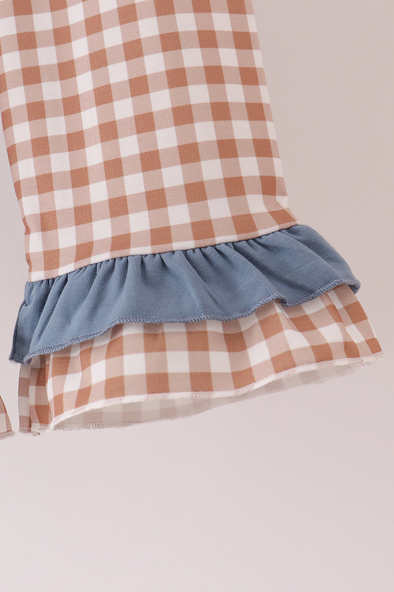 Turkey pumpkin embroidery gingham ruffle pants set