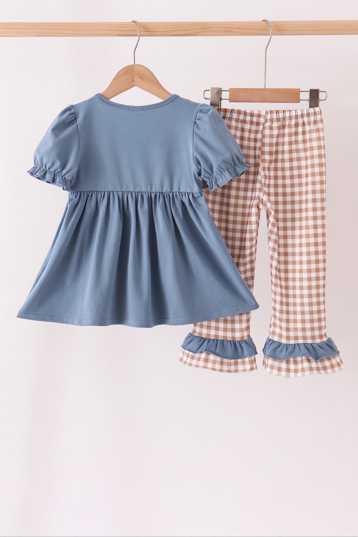 Turkey pumpkin embroidery gingham ruffle pants set