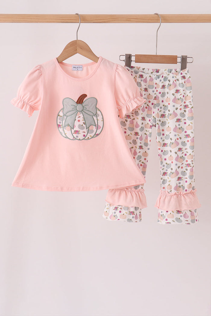 Pumpkin bow applique ruffle pants set