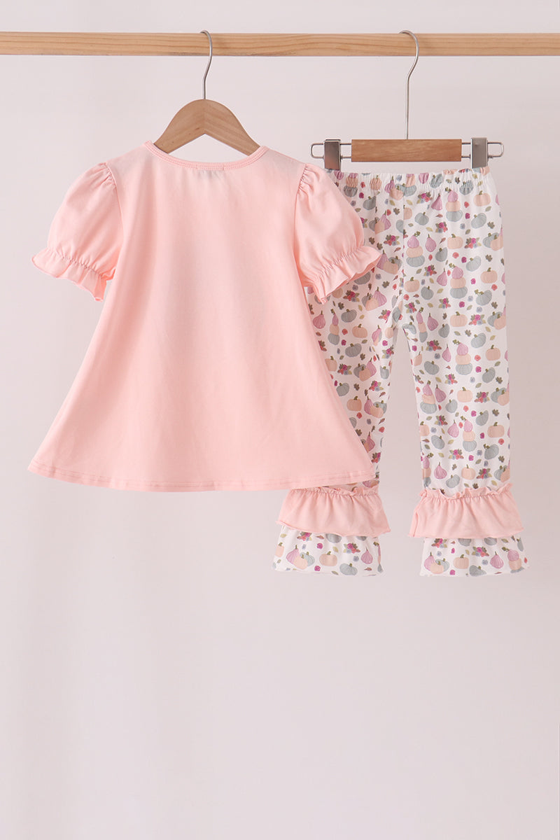 Pumpkin bow applique ruffle pants set