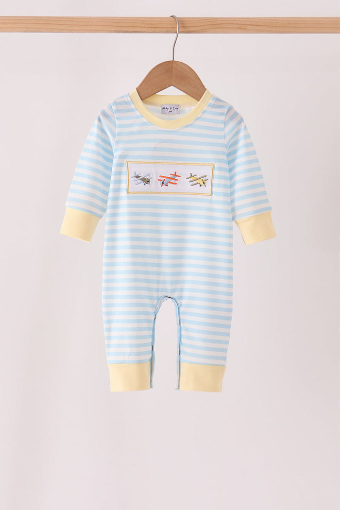 Airplane embroidery stripe romper