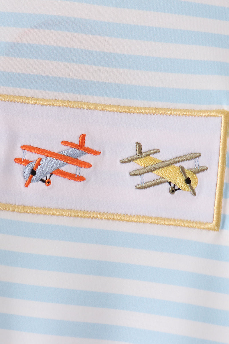 Airplane embroidery stripe romper