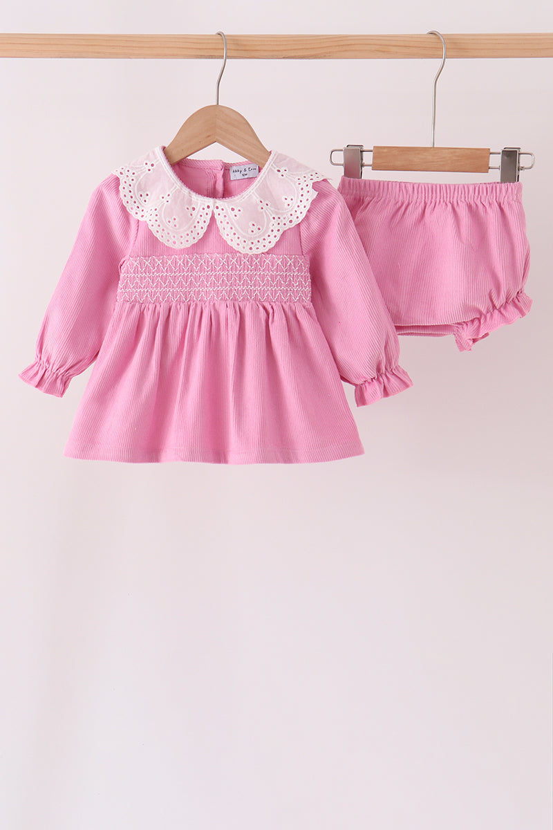 Corduroy lace smocked bloomer set