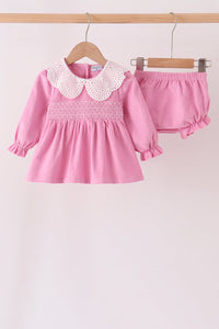 Corduroy lace smocked bloomer set
