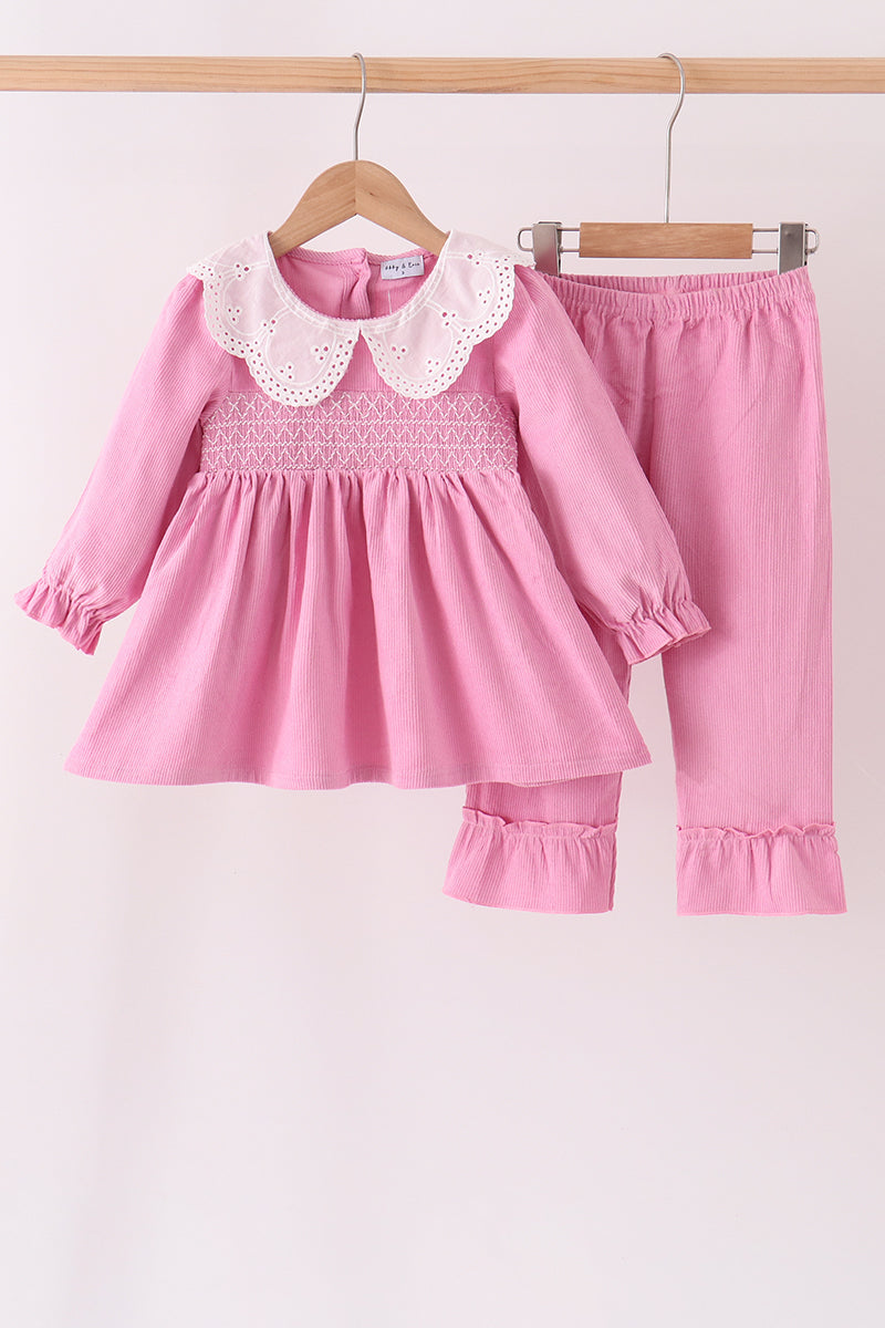 Corduroy lace smocked ruffle pants set