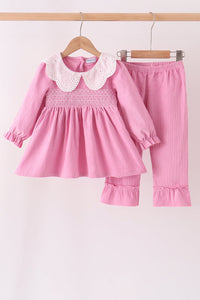Corduroy lace smocked ruffle pants set