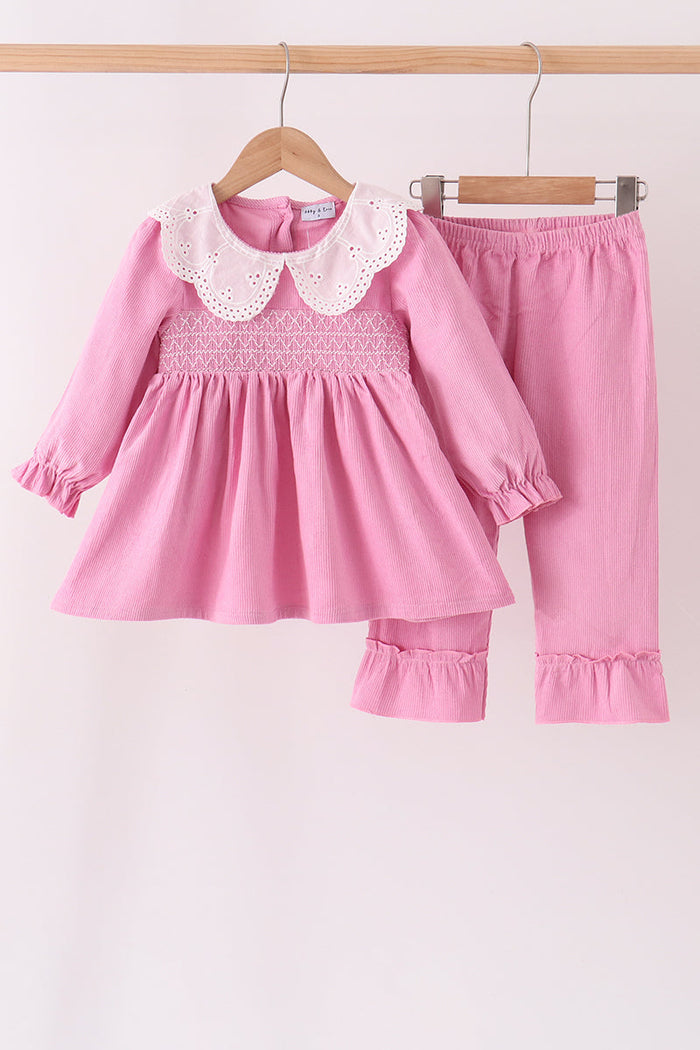 Corduroy lace smocked ruffle pants set