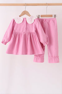 Corduroy lace smocked ruffle pants set