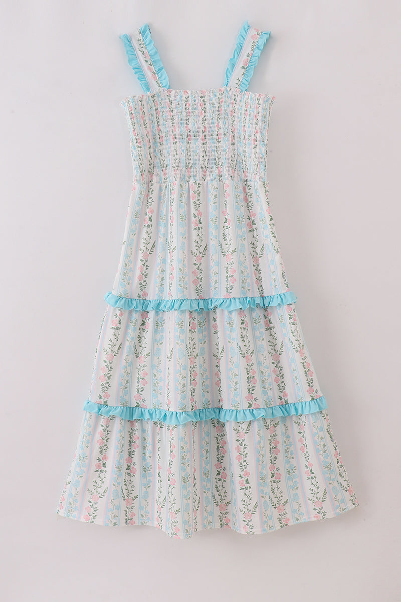 Blue Floral Print Smocked Mom Dress - Essential Southern Charm