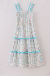 Blue Floral Print Smocked Mom Dress - Essential Southern Charm
