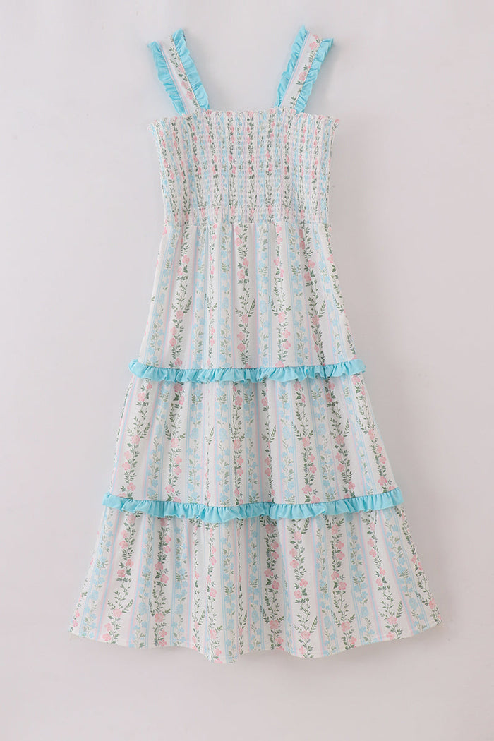 Blue Floral Print Smocked Mom Dress - Essential Southern Charm