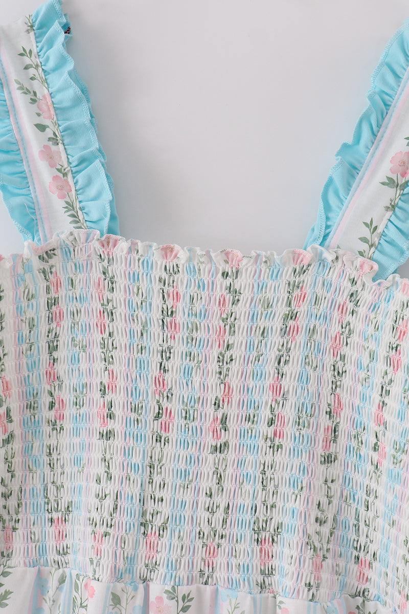 Blue Floral Print Smocked Mom Dress - Essential Southern Charm