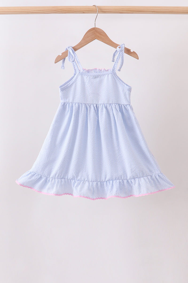 Bow Embroidered Stripe Ruffle Dress
