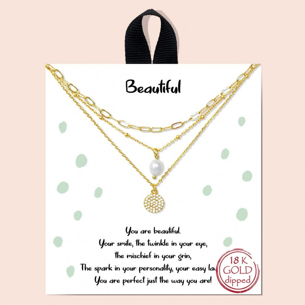 Dainty Layered Chain Link Necklace Featuring Circular & Pearl Pendants
