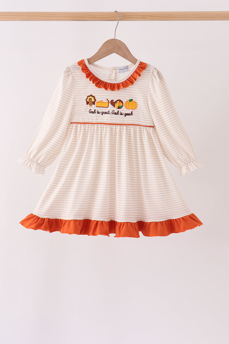 Turkey pumpkin embroidery ruffle dress