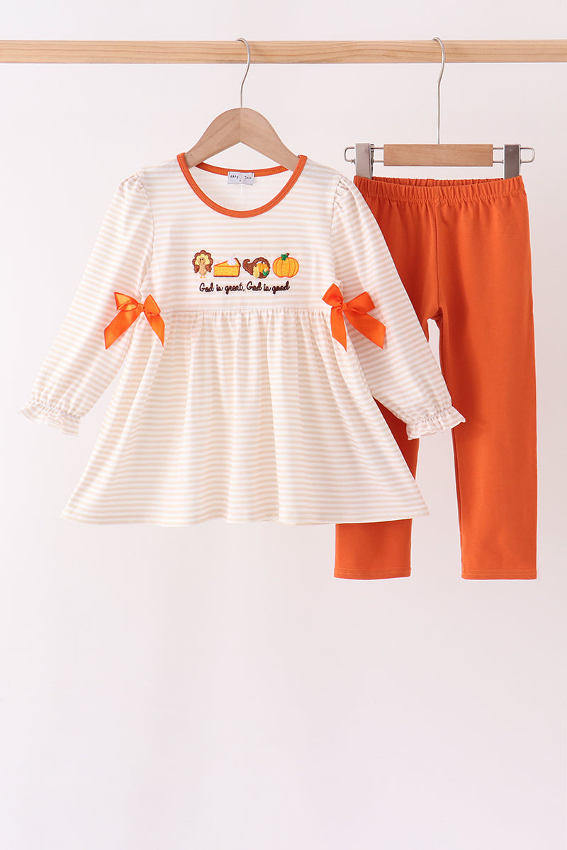 Turkey pumpkin embroidery bow pants set