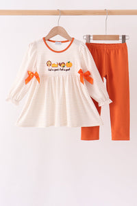 Turkey pumpkin embroidery bow pants set