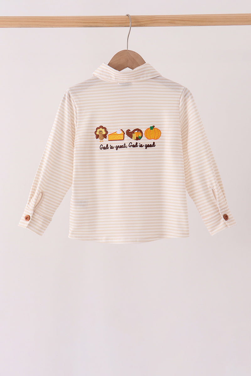 Turkey pumpkin embroidery button down shirt