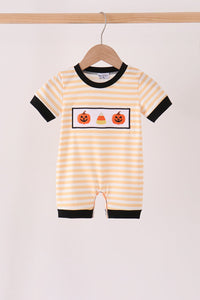 Pumpkin embroidery stripe romper