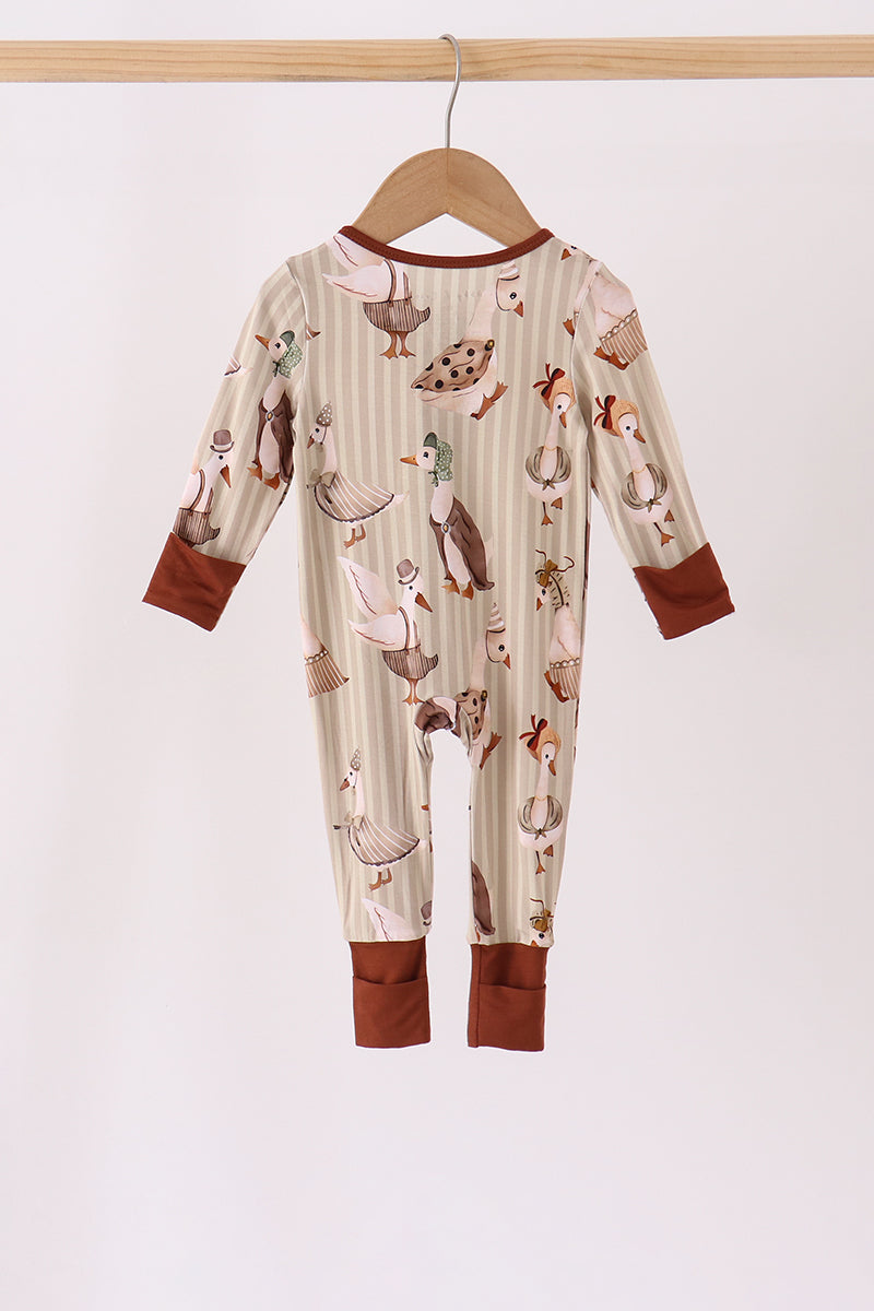 Goose print bamboo zipper romper