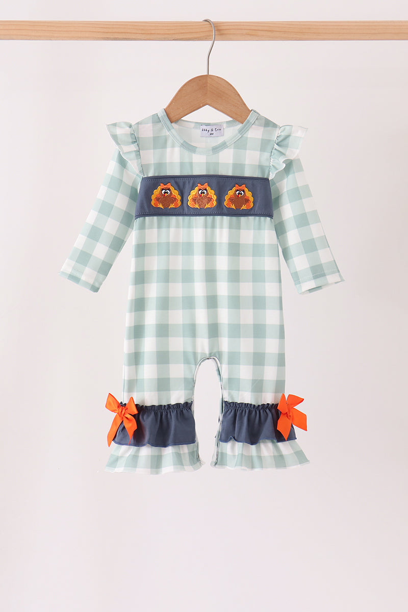 Turkey Embroidery Gingham Ruffle Romper