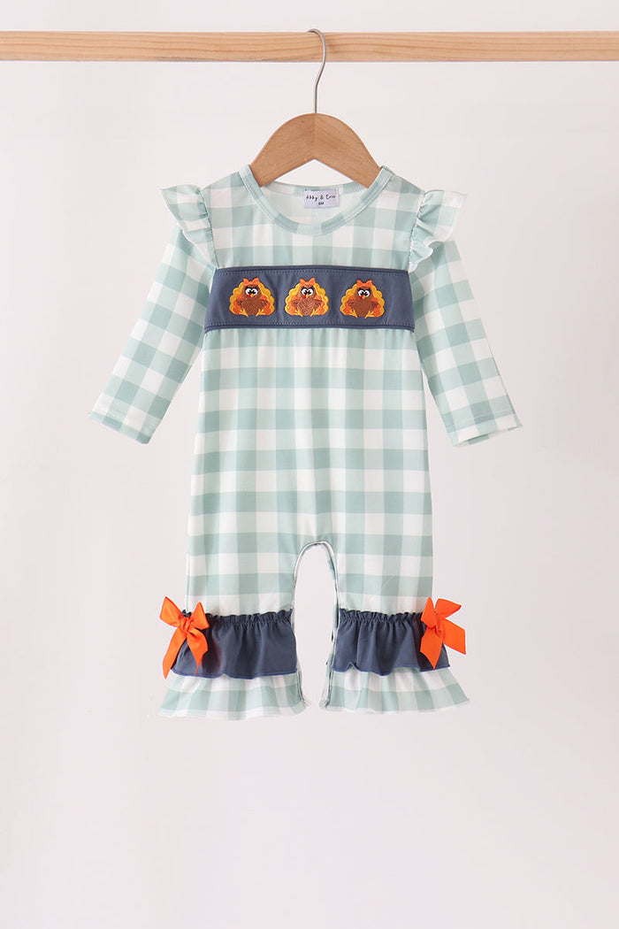 Turkey Embroidery Gingham Ruffle Romper