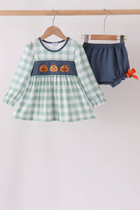 Turkey Embroidery Gingham Ruffle Bloomer Set
