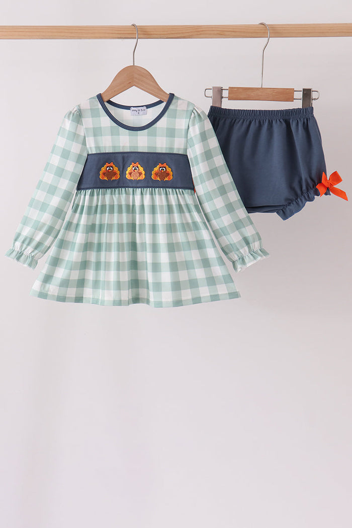 Turkey Embroidery Gingham Ruffle Bloomer Set