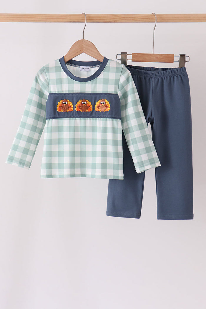 Turkey Embroidery Gingham Pants Set