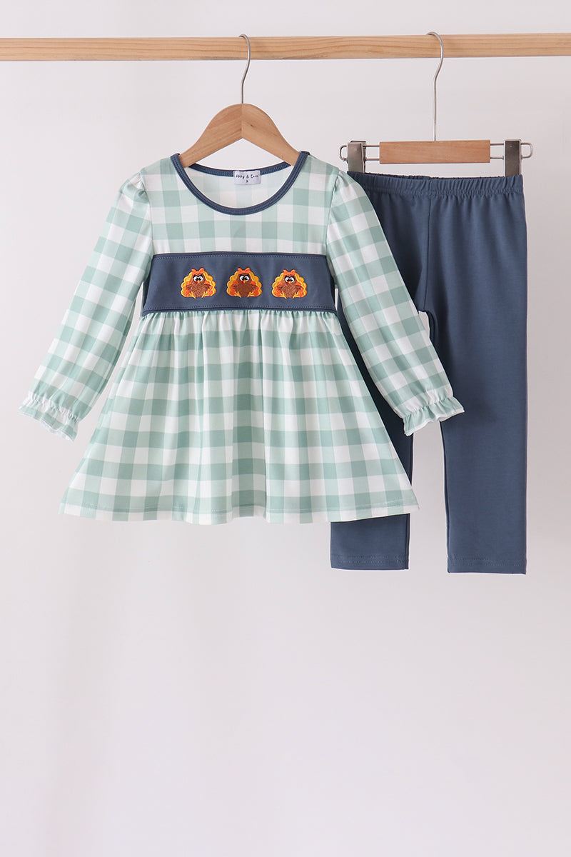 Turkey Embroidery Gingham 2pc Pants Set