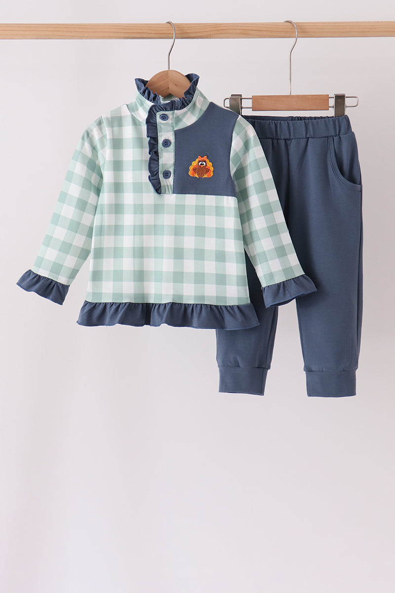 Turkey Embroidery Gingham Ruffle Jogger Set