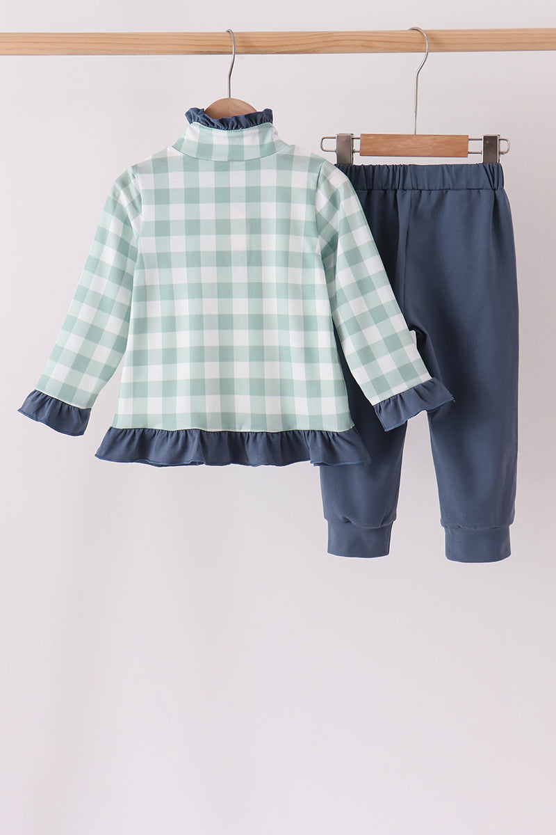 Turkey Embroidery Gingham Ruffle Jogger Set