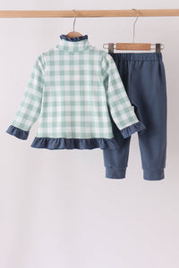 Turkey Embroidery Gingham Ruffle Jogger Set