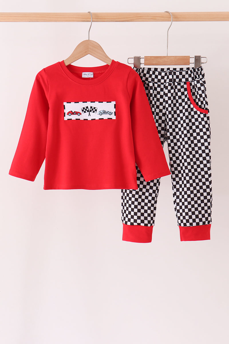 Car embroidery checkered pants set