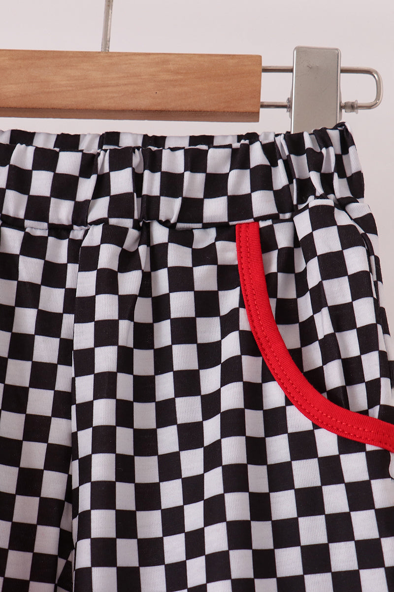 Car embroidery checkered pants set
