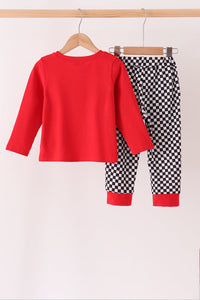 Car embroidery checkered pants set