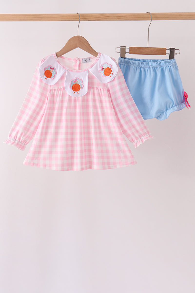 Turkey Embroidery Gingham Bloomer Set