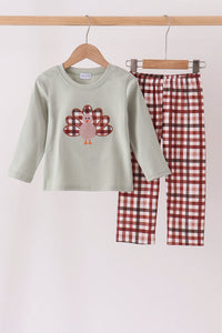Turkey Applique Plaid Pants Set