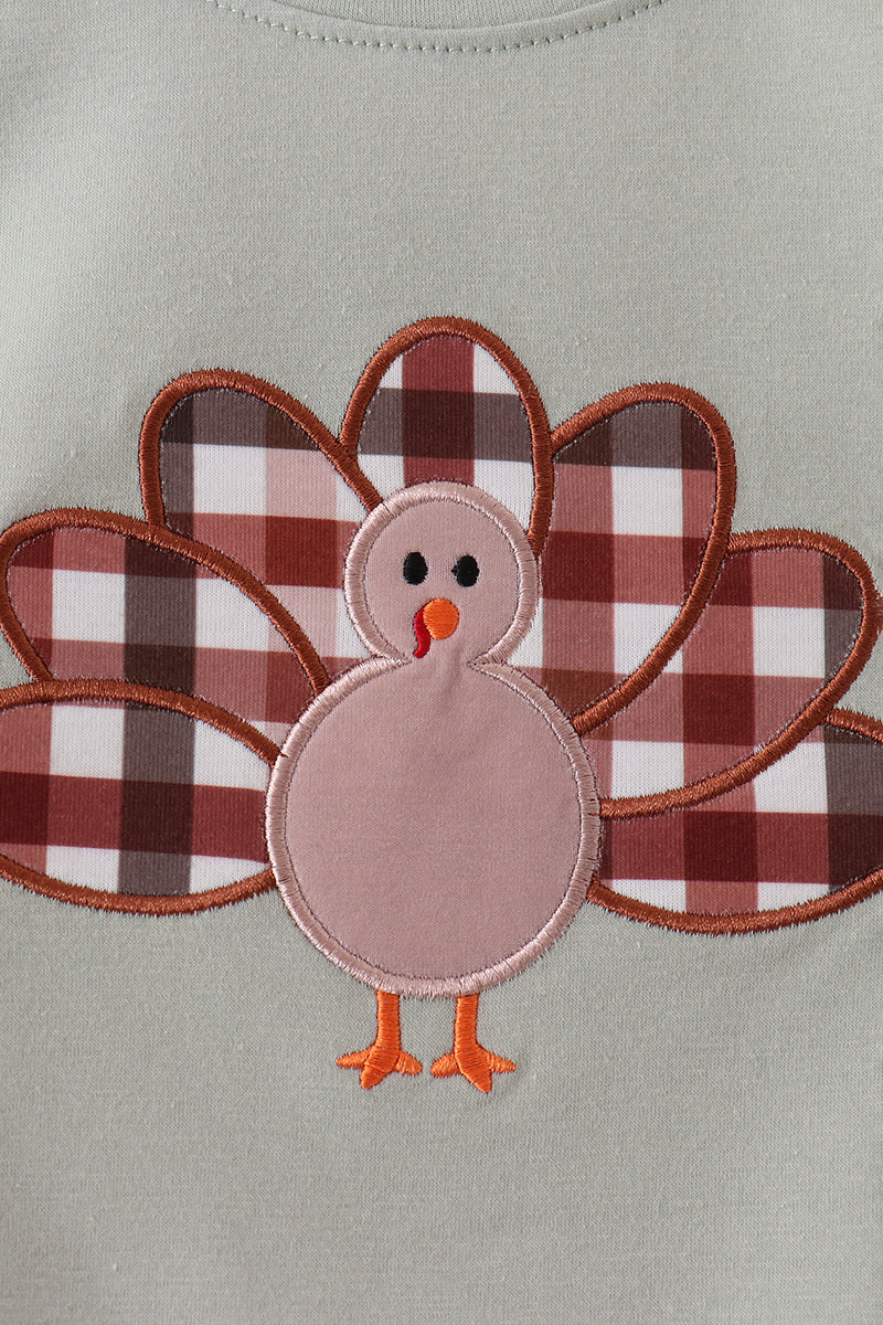 Turkey Applique Plaid Pants Set