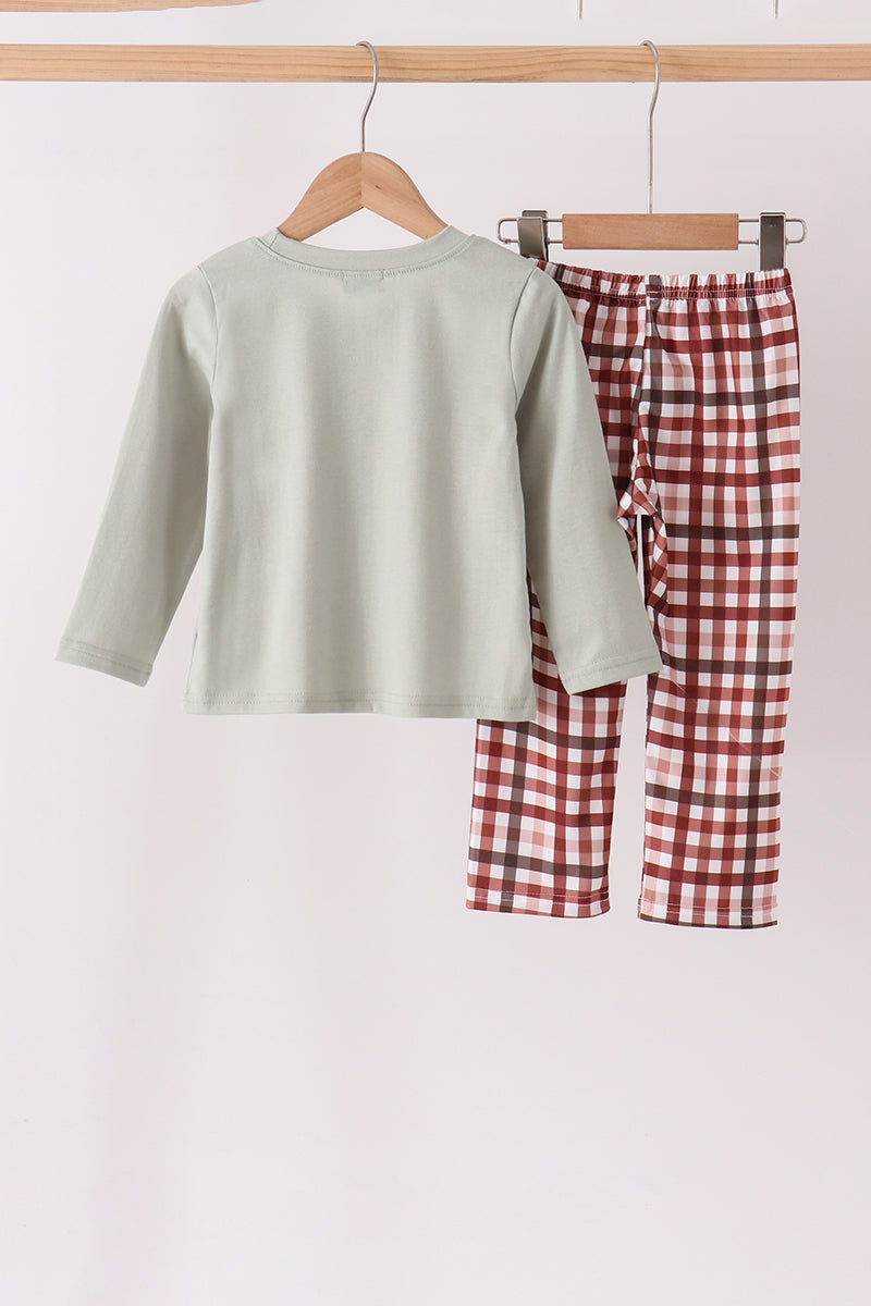 Turkey Applique Plaid Pants Set