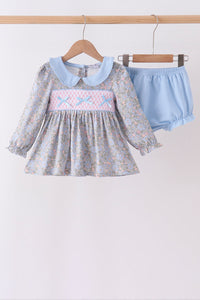 Blue Floral Bow Smocked Bloomer Set