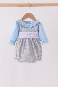 Blue Floral Bow Smocked 2pc Bubble Set