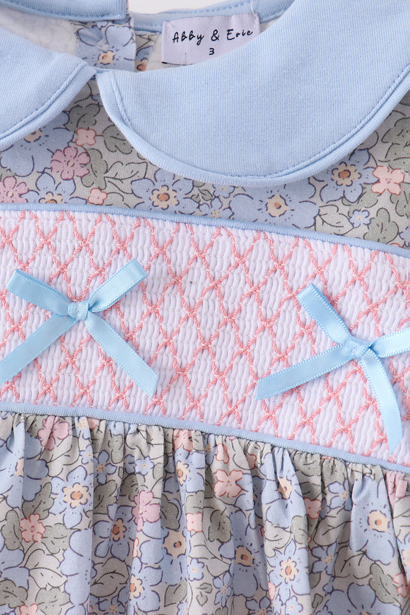Blue Floral Bow Smocked Ruffle Pants Set