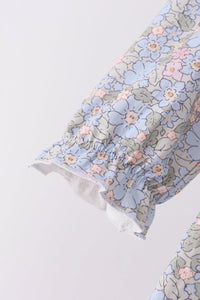 Blue Floral Bow Smocked Ruffle Pants Set